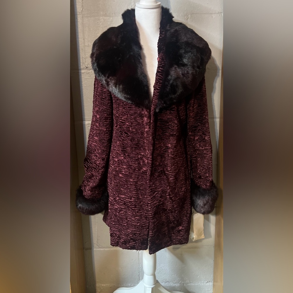 Terry Lewis Classic Luxuries Faux Fur Long Coat XS Rock Glam NWT Burgundy